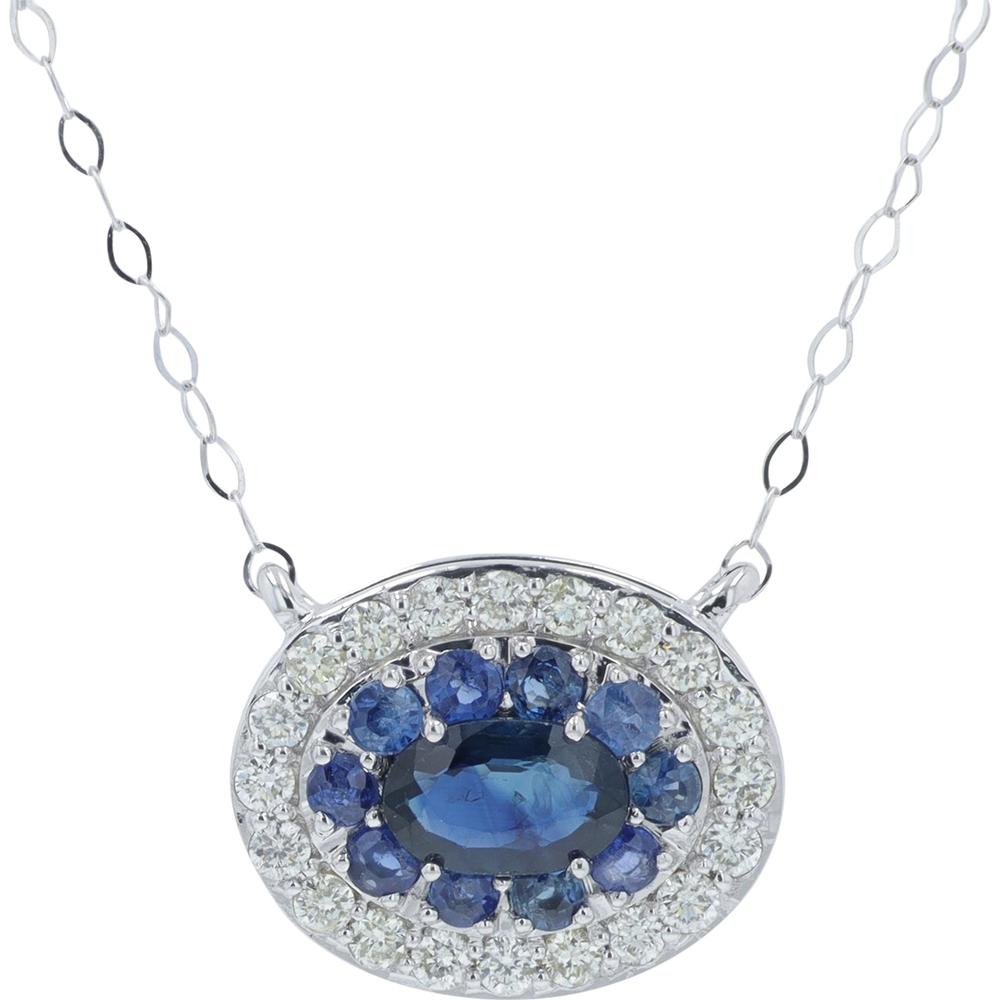 14K Yellow Gold East to West Sapphire Necklace with Diamond Halo - 0.50 Carat Total Gemstone Weight