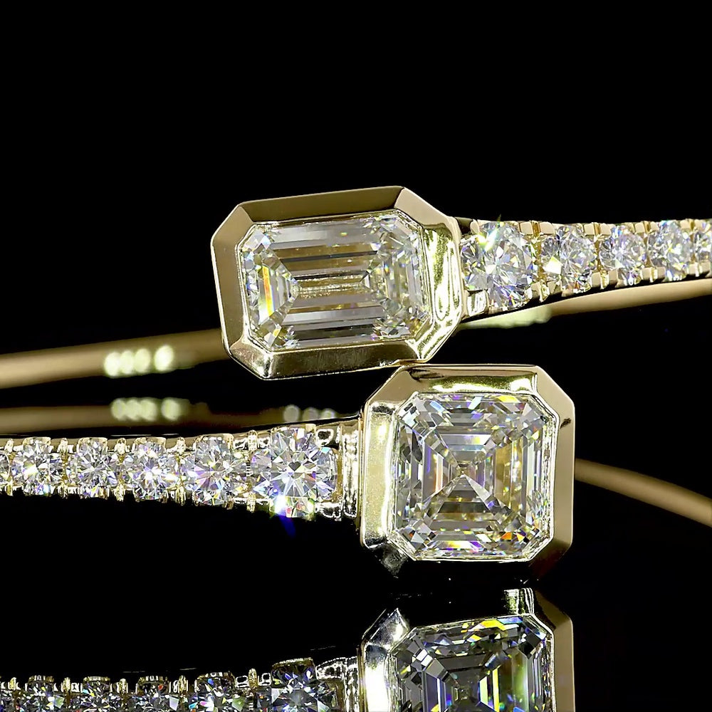 14K Yellow Gold East-West Bangle with Emerald and Asscher Cut Lab Diamonds - 5.17 Total Carat Weight - Covaloro Fine Jewelry