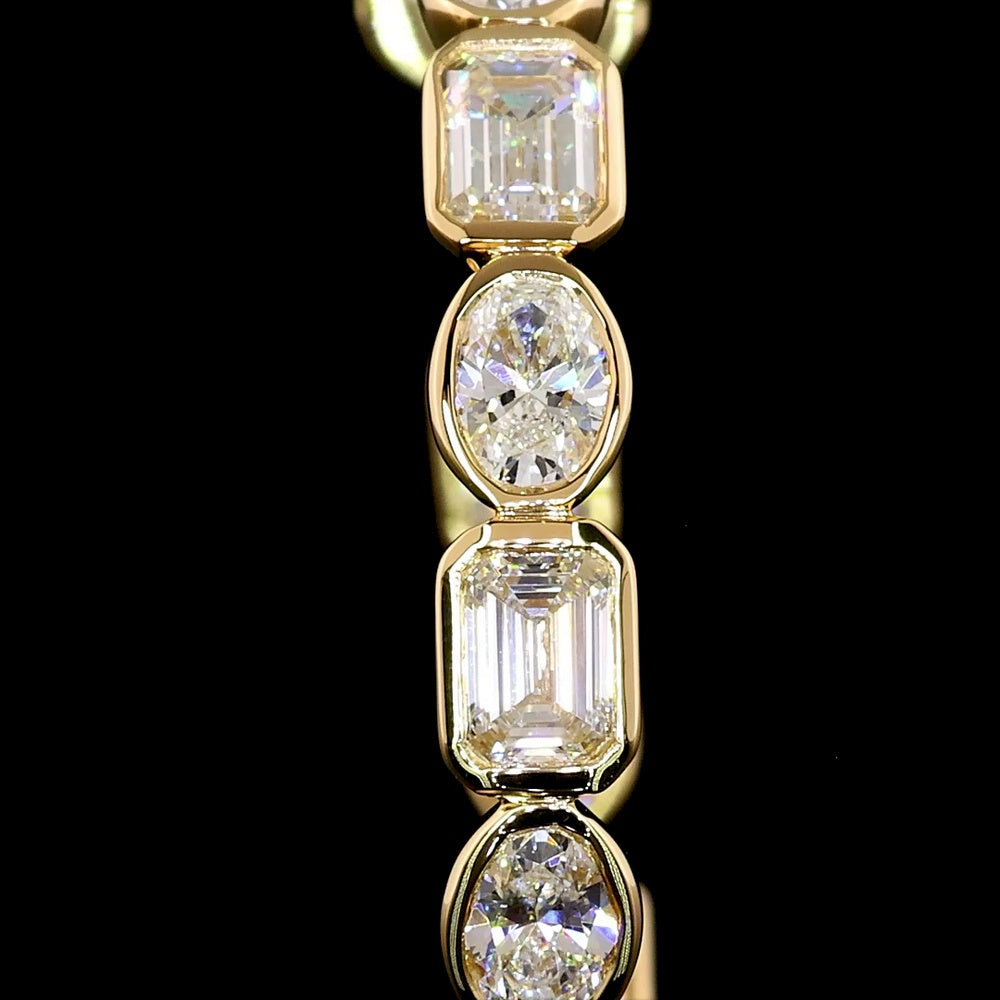 14K Yellow Gold East-West Bezel Set C-Hoop Earrings with Alternating Emerald Cut and Oval Cut Lab Diamonds - 3.85 Carats Total Diamond Weight - Covaloro Fine Jewelry