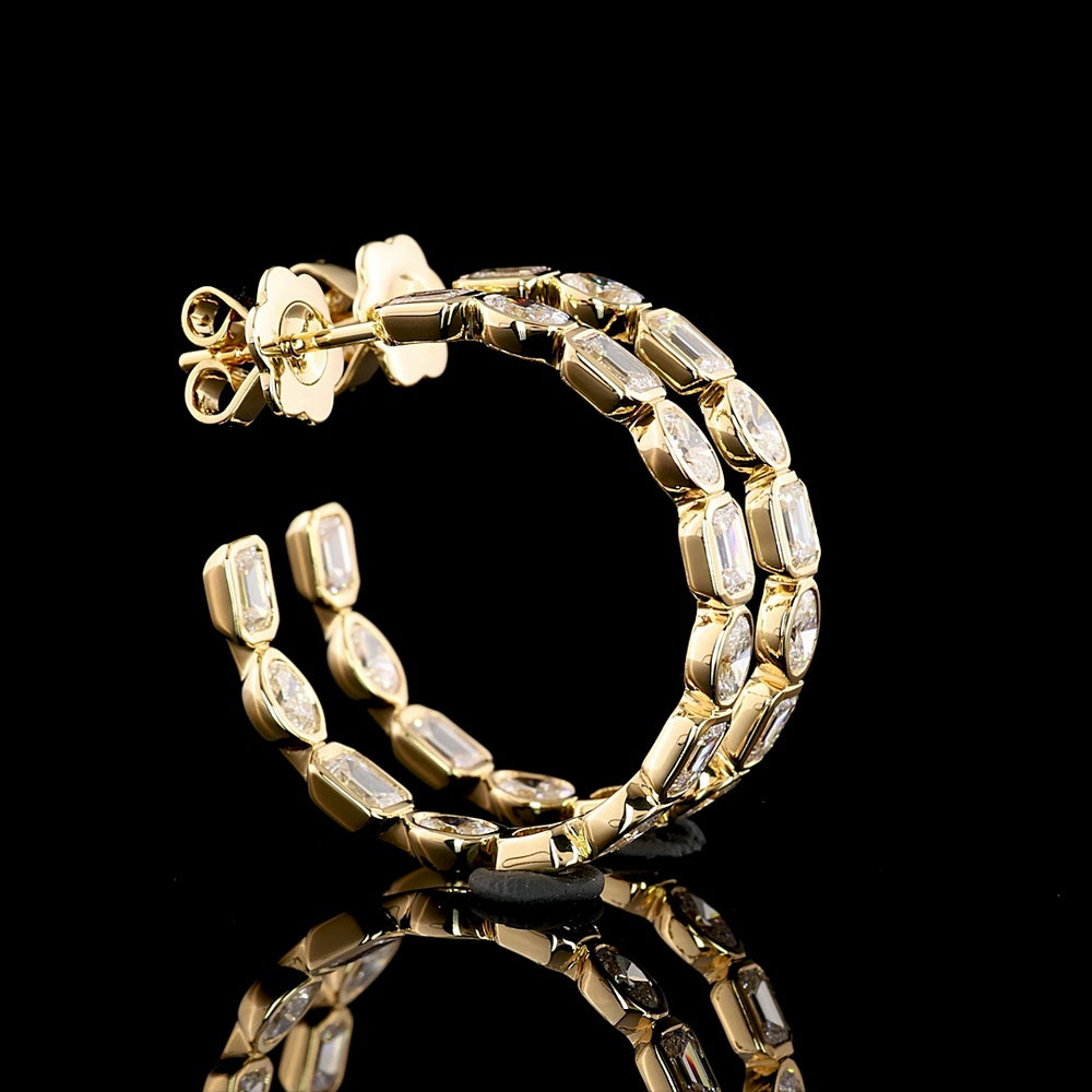 14K Yellow Gold East-West Bezel Set C-Hoop Earrings with Alternating Emerald Cut and Oval Cut Lab Diamonds - 3.85 Carats Total Diamond Weight - Covaloro Fine Jewelry
