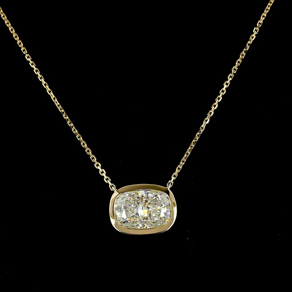 14K Yellow Gold East-West Bezel Set Cushion Brilliant Cut Lab Diamond Solitaire Pendant - 2.63 Carat Total Weight, E-F Color, VVS2 Clarity, IGI Certified - Covaloro Fine Jewelry