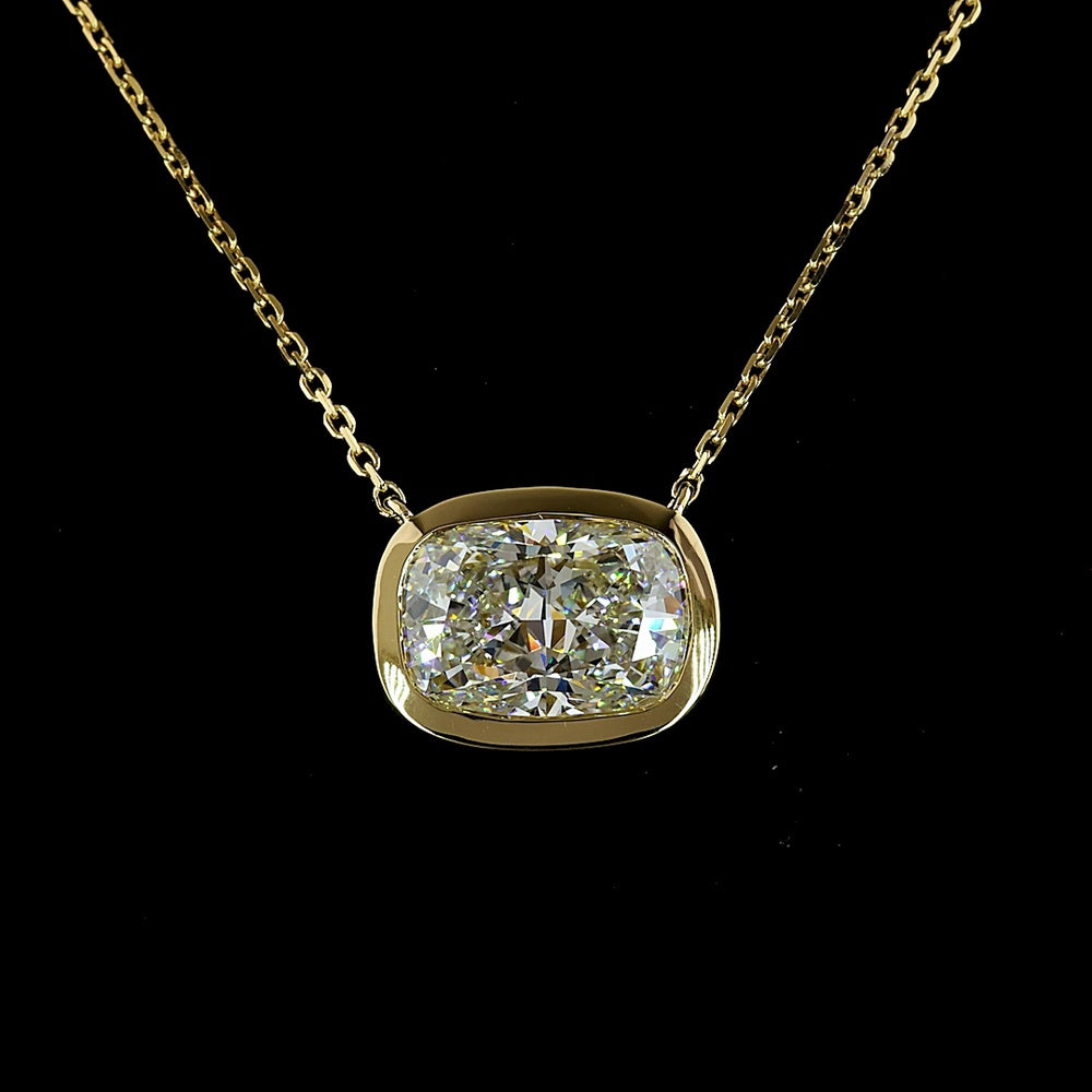 14K Yellow Gold East-West Bezel Set Cushion Brilliant Cut Lab Diamond Solitaire Pendant - 2.63 Carat Total Weight, E-F Color, VVS2 Clarity, IGI Certified - Covaloro Fine Jewelry