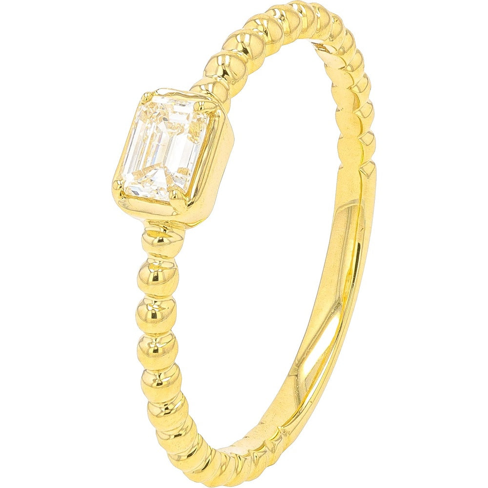 14K Yellow Gold East-West Bezel Set Emerald Cut Diamond Ring with Textured Beaded Band - 0.26 Carat Total Diamond Weight