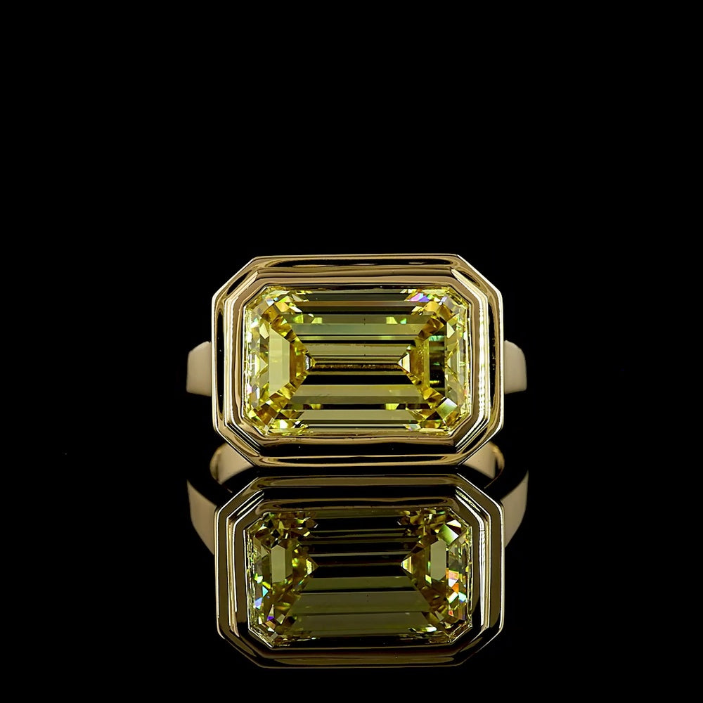 14K Yellow Gold East-West Bezel Set Emerald Cut Fancy Vivid Yellow Lab Diamond Solitaire Ring - 6.11 Carat Total Weight - Covaloro Fine Jewelry