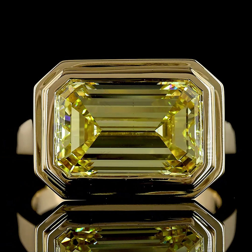 14K Yellow Gold East-West Bezel Set Emerald Cut Fancy Vivid Yellow Lab Diamond Solitaire Ring - 6.11 Carat Total Weight - Covaloro Fine Jewelry
