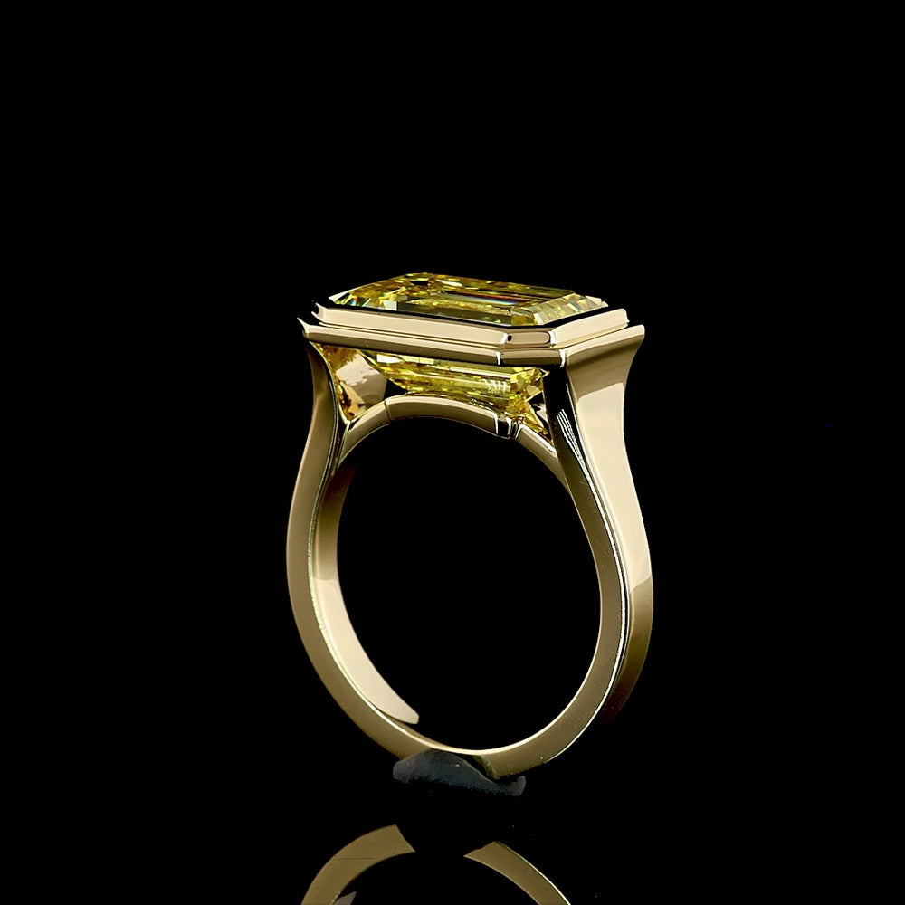 14K Yellow Gold East-West Bezel Set Emerald Cut Fancy Vivid Yellow Lab Diamond Solitaire Ring - 6.11 Carat Total Weight - Covaloro Fine Jewelry