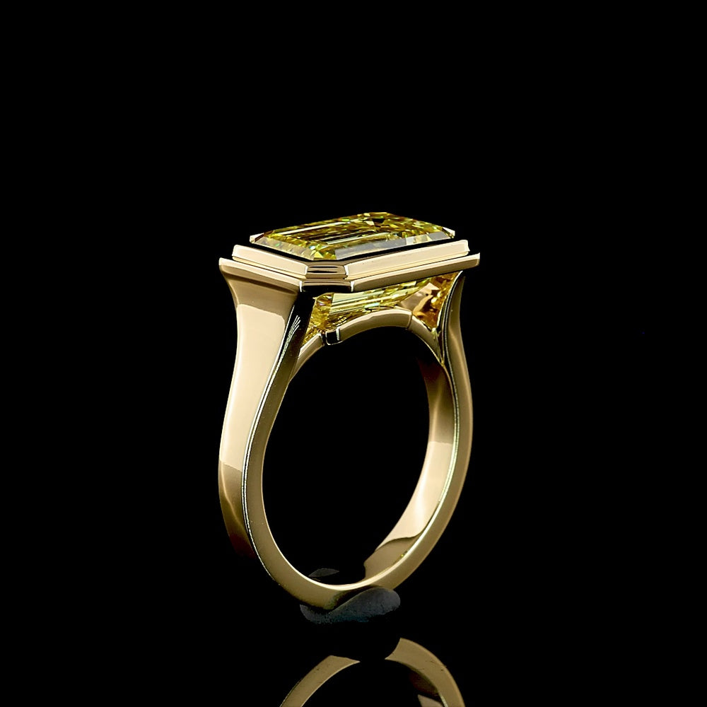 14K Yellow Gold East-West Bezel Set Emerald Cut Fancy Vivid Yellow Lab Diamond Solitaire Ring - 6.11 Carat Total Weight - Covaloro Fine Jewelry