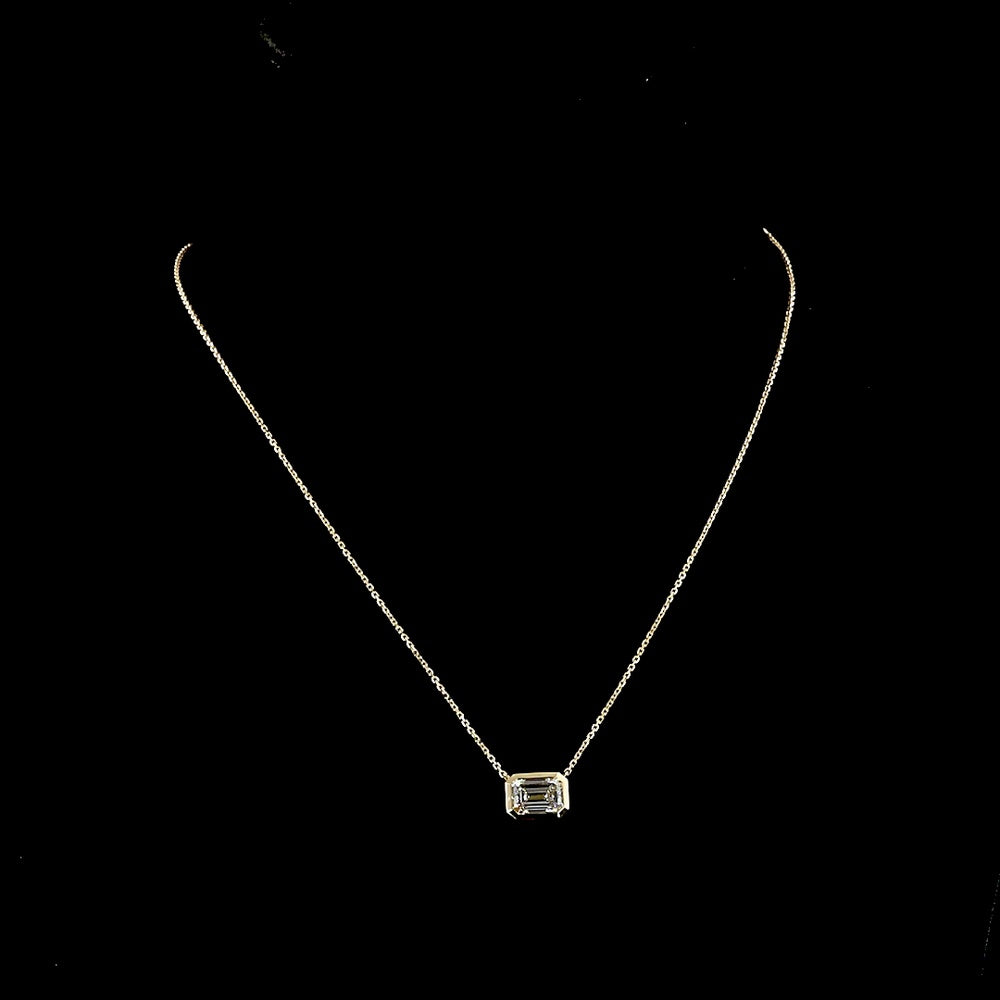 14K Yellow Gold East-West Bezel Set Emerald Cut Lab Diamond Solitaire Pendant - 1.76 Carat Total Diamond Weight, F VVS2 Clarity, GIA Certified - Covaloro Fine Jewelry