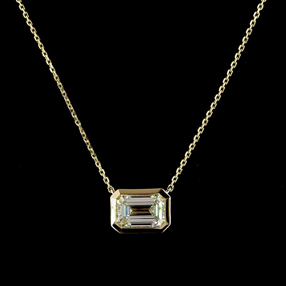 14K Yellow Gold East-West Bezel Set Emerald Cut Lab Diamond Solitaire Pendant - 2.08 Carat Total Diamond Weight, IGI Certified F VVS2 - Covaloro Fine Jewelry