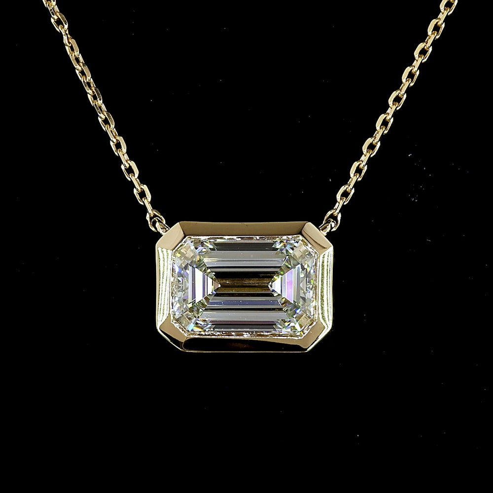 14K Yellow Gold East-West Bezel Set Emerald Cut Lab Diamond Solitaire Pendant - 2.08 Carat Total Diamond Weight, IGI Certified F VVS2 - Covaloro Fine Jewelry