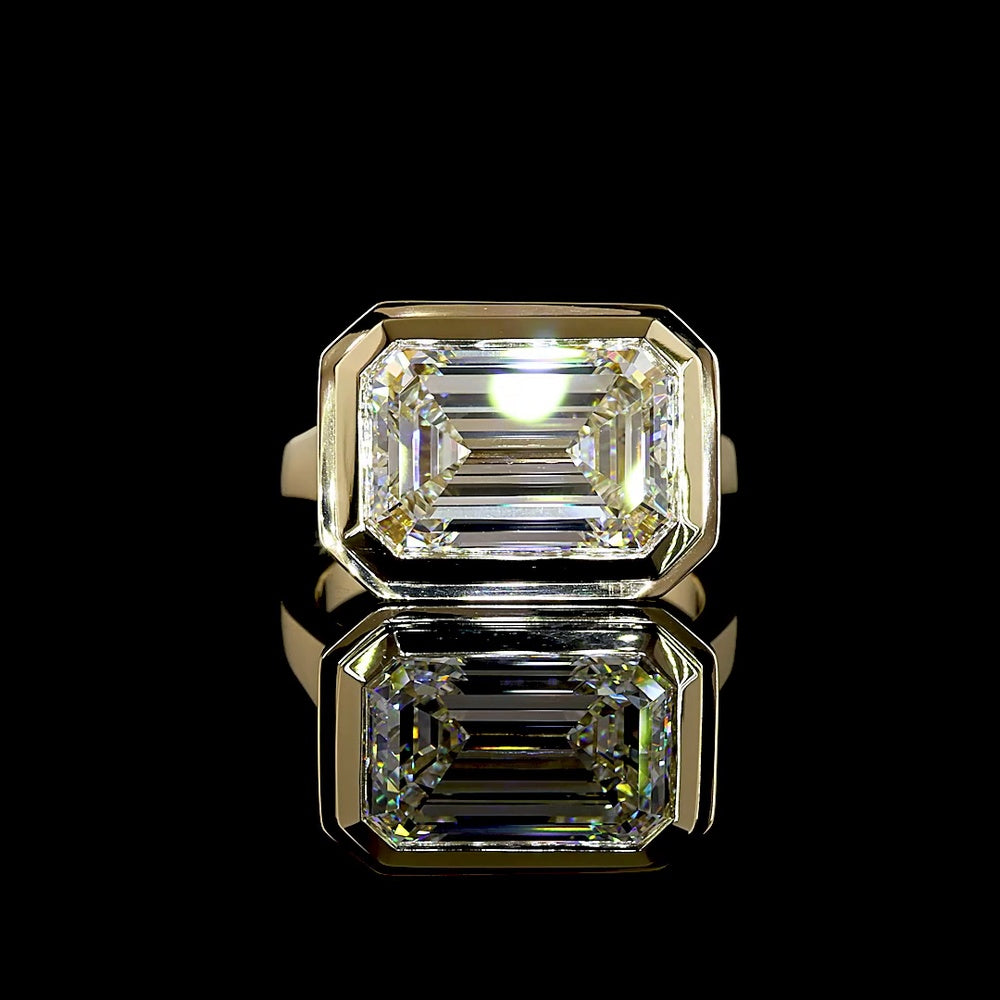 14K Yellow Gold East-West Bezel Set Emerald Cut Lab Diamond Solitaire Ring - 7.03 Carat Total Weight, E-F Color, VVS2 Clarity, IGI Certified - Covaloro Fine Jewelry