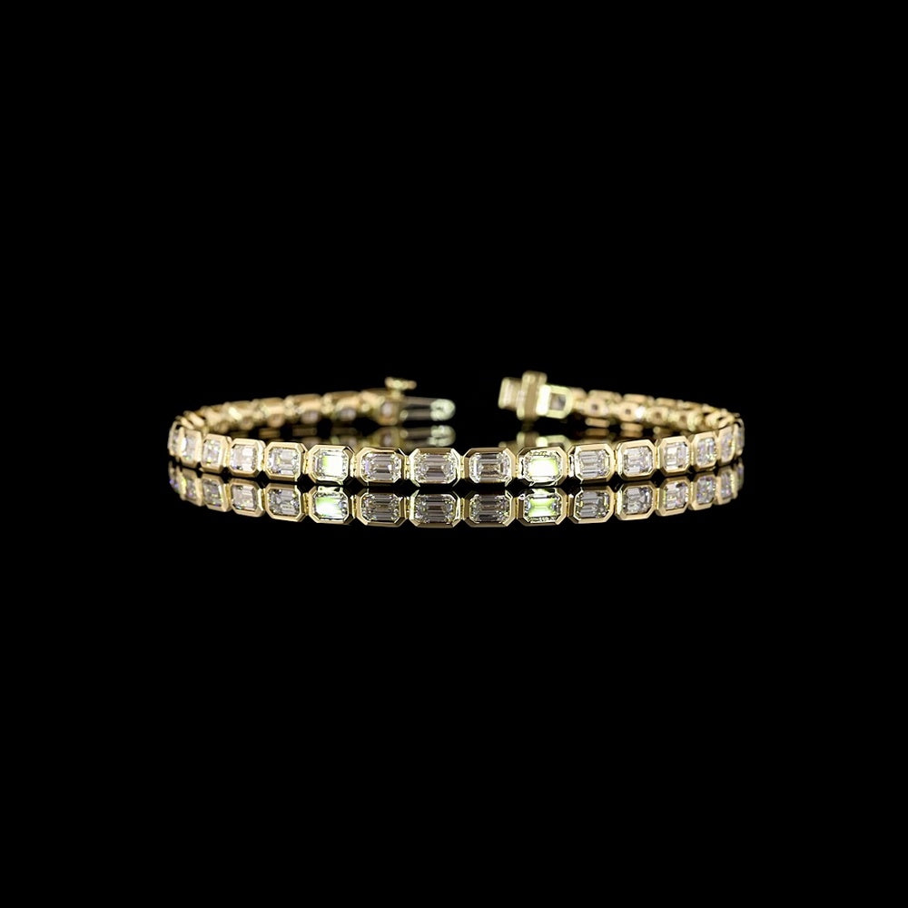 14K Yellow Gold East-West Bezel Set Emerald Cut Lab Diamond Tennis Bracelet - 6.42 Carat Total Weight - Covaloro Fine Jewelry