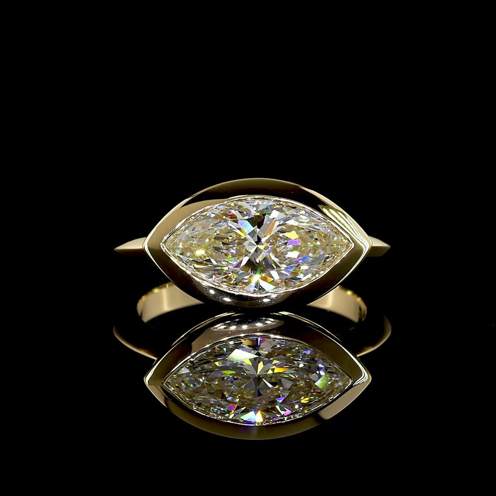 14K Yellow Gold East-West Bezel Set Marquise Cut Lab Diamond Solitaire Ring - 2.53 Carat, IGI Certified E VVS2 - Covaloro Fine Jewelry