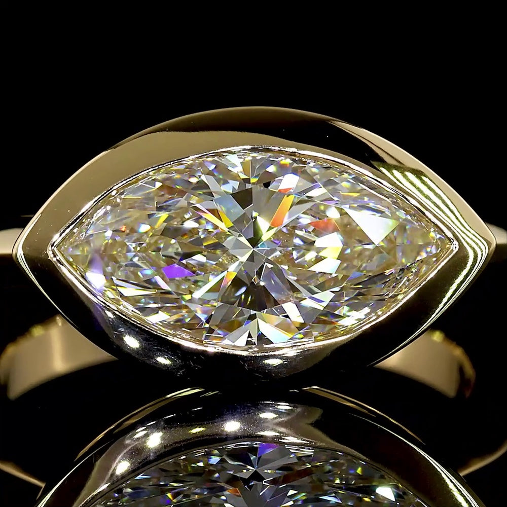 14K Yellow Gold East-West Bezel Set Marquise Cut Lab Diamond Solitaire Ring - 2.53 Carat, IGI Certified E VVS2 - Covaloro Fine Jewelry