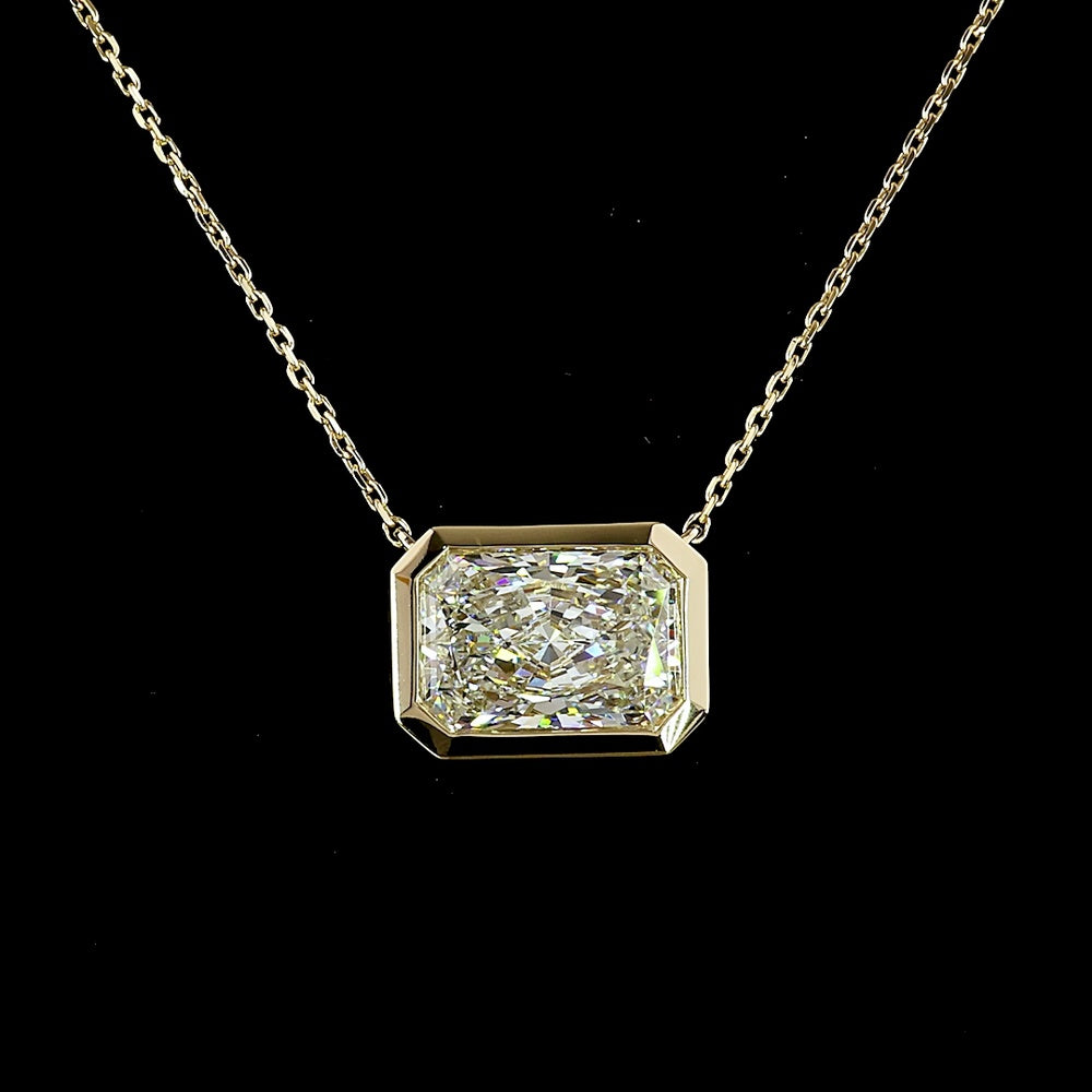 14K Yellow Gold East-West Bezel Set Radiant Cut Lab Diamond Solitaire Pendant - 3.09 Carat Total Diamond Weight, IGI Certified E-F VS1 - Covaloro Fine Jewelry