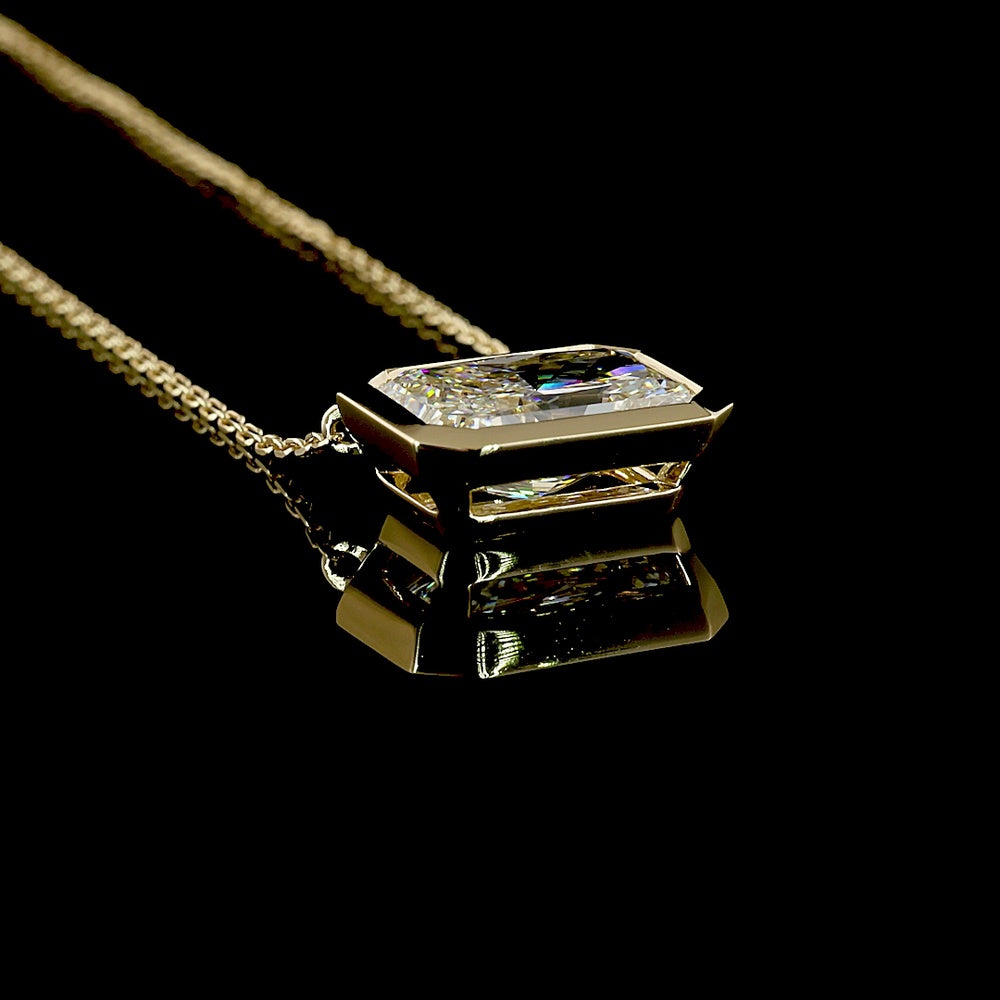 14K Yellow Gold East-West Bezel Set Radiant Cut Lab Diamond Solitaire Pendant - 3.09 Carat Total Diamond Weight, IGI Certified E-F VS1 - Covaloro Fine Jewelry