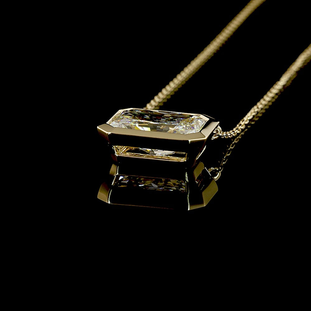 14K Yellow Gold East-West Bezel Set Radiant Cut Lab Diamond Solitaire Pendant - 3.09 Carat Total Diamond Weight, IGI Certified E-F VS1 - Covaloro Fine Jewelry