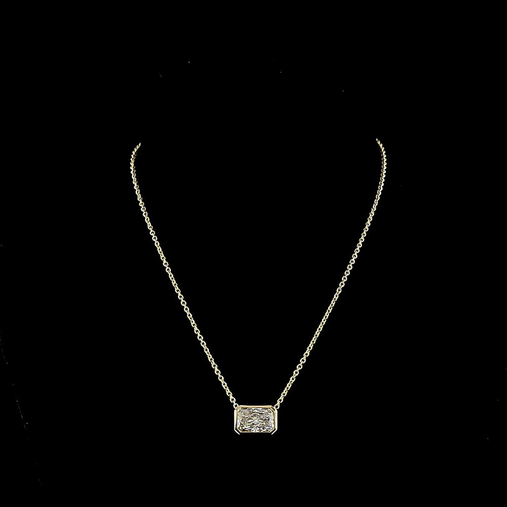 14K Yellow Gold East-West Bezel Set Radiant Cut Lab Diamond Solitaire Pendant - 6.02 Carat Total Weight, E-F Color, VS1 Clarity - Covaloro Fine Jewelry