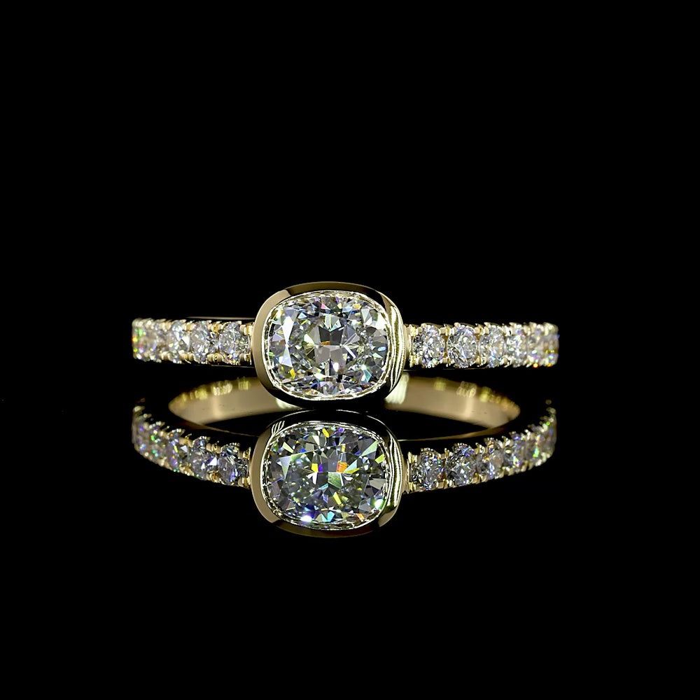 14K Yellow Gold East-West Cushion Cut Solitaire Diamond Shank Ring with Bezel & Prong Set Lab Diamonds - 0.83 Carats Total Diamond Weight - Covaloro Fine Jewelry