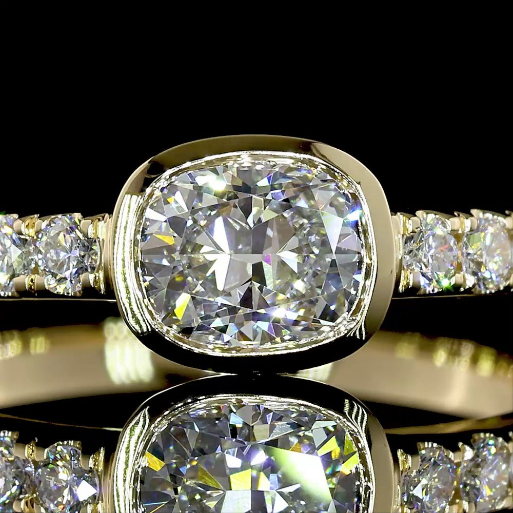 14K Yellow Gold East-West Cushion Cut Solitaire Diamond Shank Ring with Bezel & Prong Set Lab Diamonds - 0.83 Carats Total Diamond Weight - Covaloro Fine Jewelry