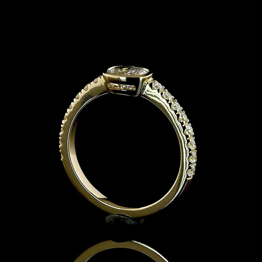 14K Yellow Gold East-West Cushion Cut Solitaire Diamond Shank Ring with Bezel & Prong Set Lab Diamonds - 0.83 Carats Total Diamond Weight - Covaloro Fine Jewelry
