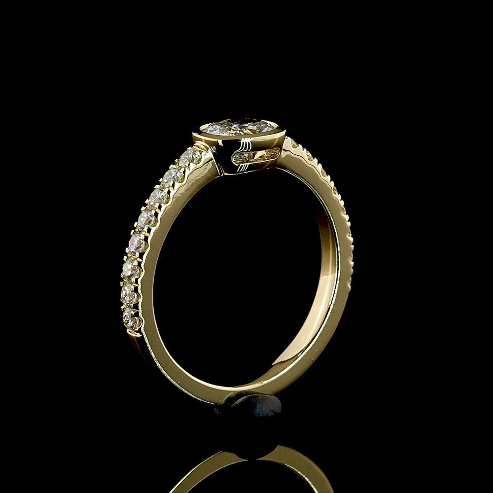 14K Yellow Gold East-West Cushion Cut Solitaire Diamond Shank Ring with Bezel & Prong Set Lab Diamonds - 0.83 Carats Total Diamond Weight - Covaloro Fine Jewelry