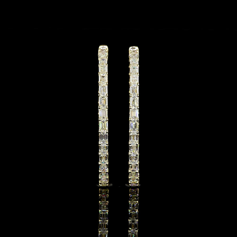 14K Yellow Gold East-West Emerald Cut Hoop Earrings with Lab Diamonds - 6.40 Carats Total Diamond Weight - Covaloro Fine Jewelry