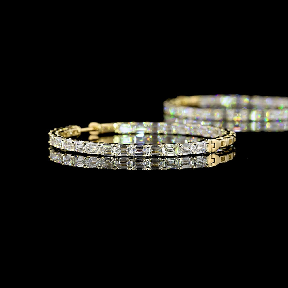 14K Yellow Gold East-West Emerald Cut Hoop Earrings with Lab Diamonds - 6.40 Carats Total Diamond Weight - Covaloro Fine Jewelry