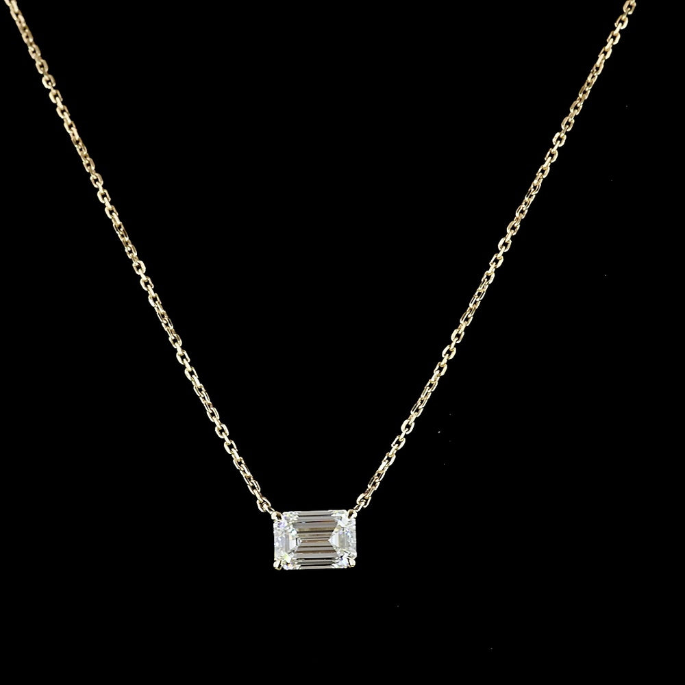 14K Yellow Gold East-West Emerald Cut Lab Diamond Solitaire Pendant - 1.02 Carat Total Diamond Weight, E-F Color, VS1 Clarity - Covaloro Fine Jewelry