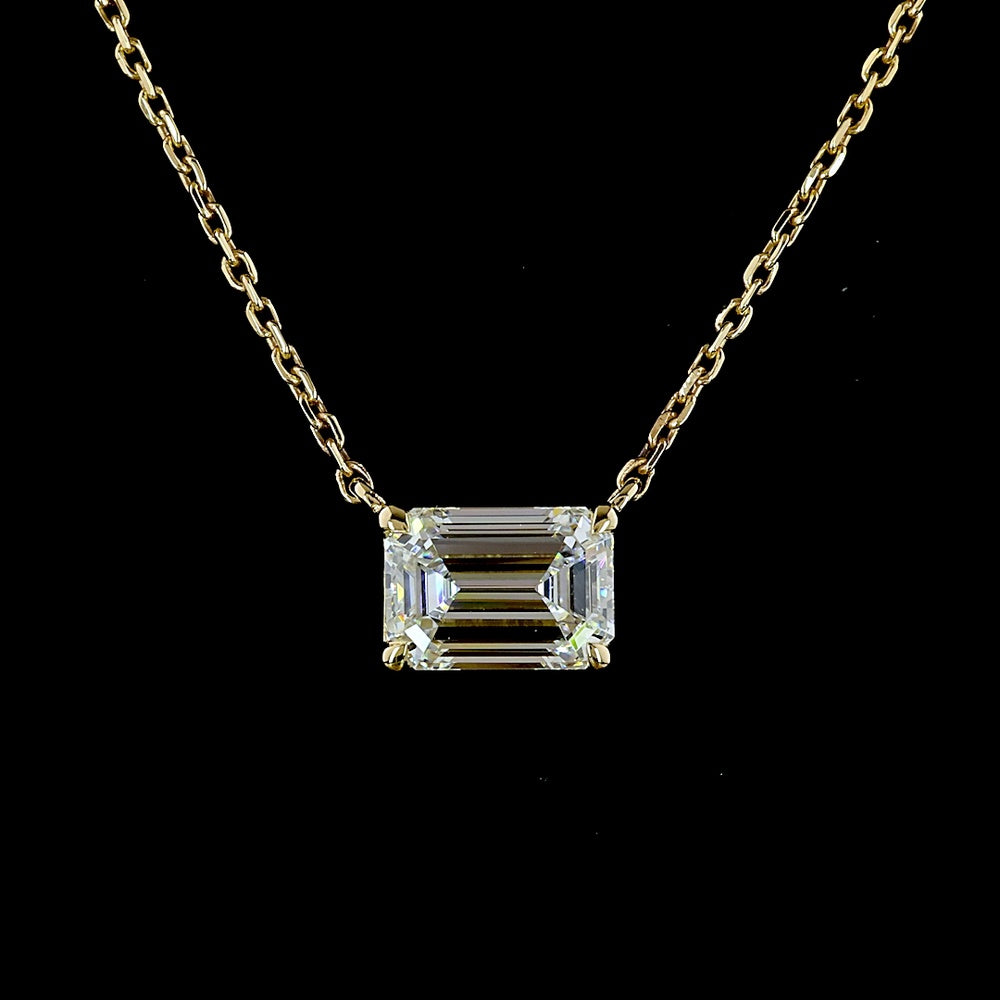 14K Yellow Gold East-West Emerald Cut Lab Diamond Solitaire Pendant - 1.02 Carat Total Diamond Weight, E-F Color, VS1 Clarity - Covaloro Fine Jewelry