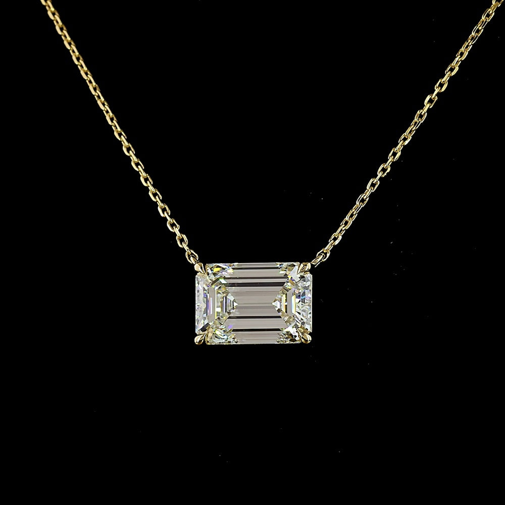 14K Yellow Gold East-West Emerald Cut Lab Diamond Solitaire Pendant - 3.01 Carat Total Weight, IGI Certified, E-F VVS2 - Covaloro Fine Jewelry
