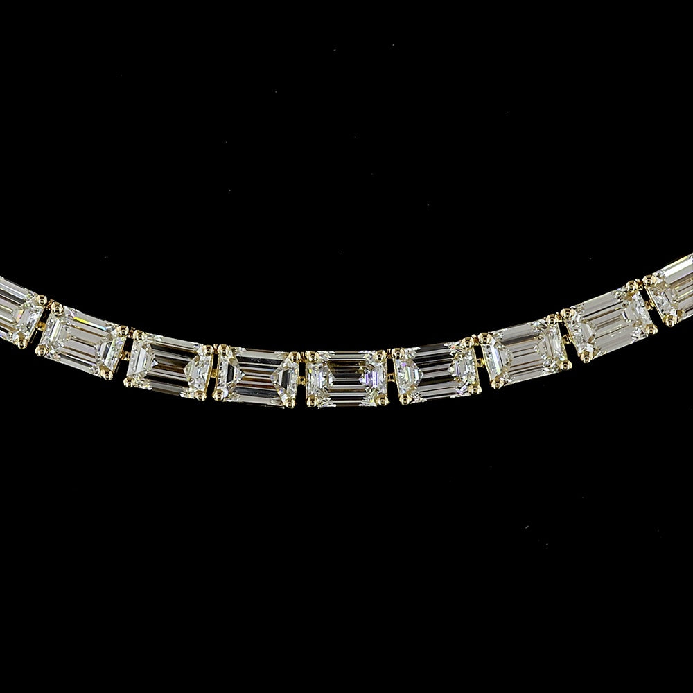 14K Yellow Gold East-West Emerald Cut Lab Diamond Tennis Necklace - 15.62 Carat Total Weight, 107 Stones, E-F Color VS Clarity - Covaloro Fine Jewelry