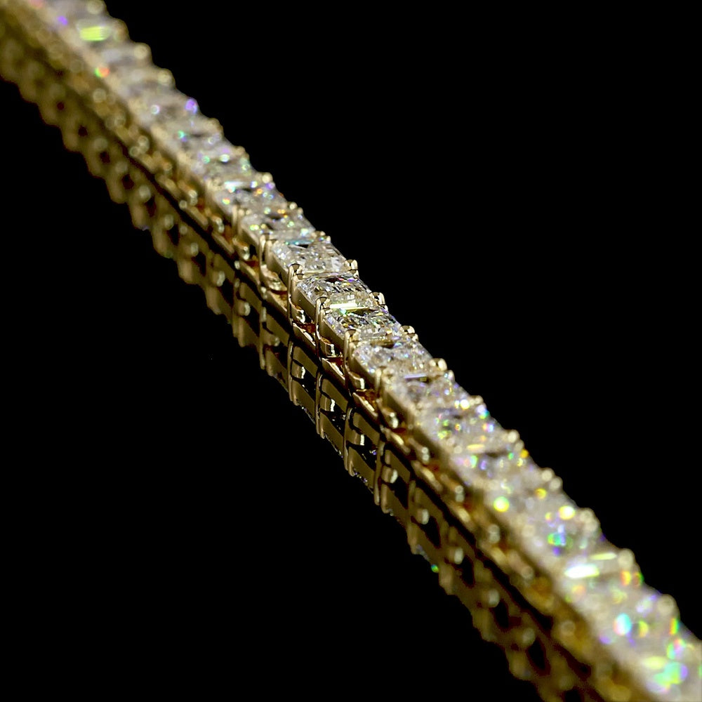 14K Yellow Gold East-West Emerald Cut Lab Diamond Tennis Necklace - 15.62 Carat Total Weight, 107 Stones, E-F Color VS Clarity - Covaloro Fine Jewelry
