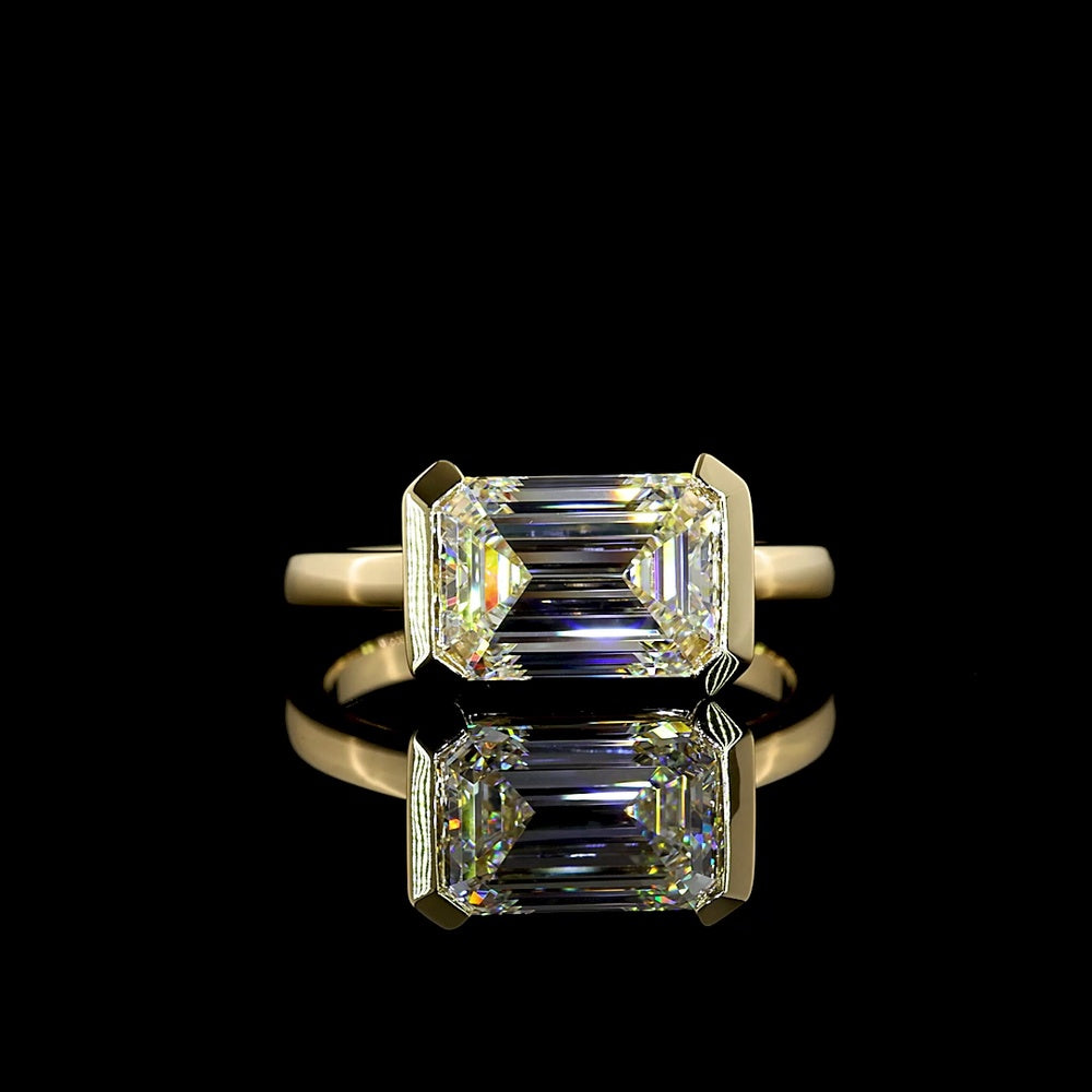14K Yellow Gold East-West Half Bezel Solitaire Ring with 3.01 Carat Emerald Cut Lab Diamond - E-F Color VS1 Clarity IGI Certified - Covaloro Fine Jewelry