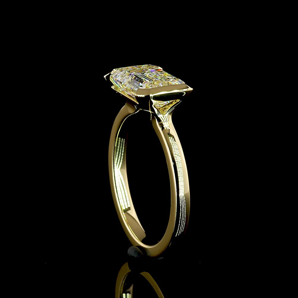 14K Yellow Gold East-West Half Bezel Solitaire Ring with 3.01 Carat Emerald Cut Lab Diamond - E-F Color VS1 Clarity IGI Certified - Covaloro Fine Jewelry