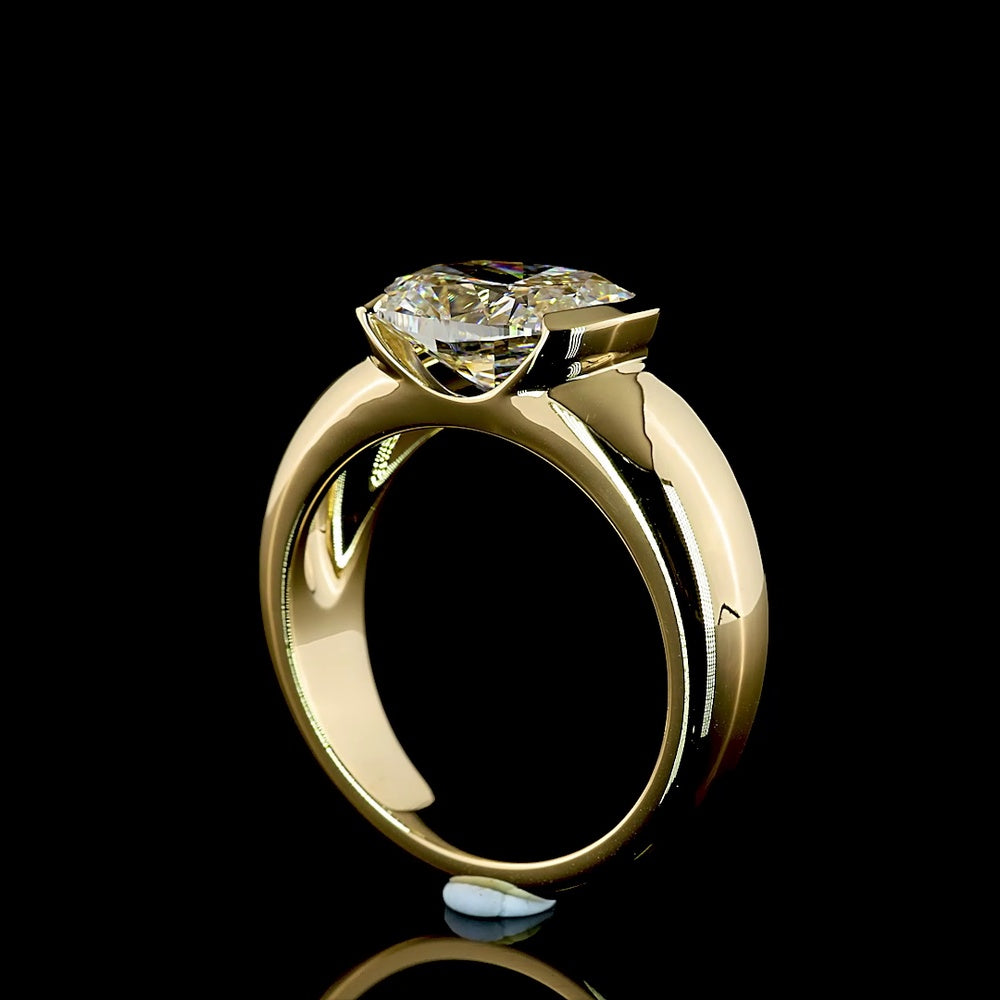 14K Yellow Gold East-West Half Bezel Solitaire Ring with 3.04 Carat Cushion Brilliant Lab Diamond - E-F Color VVS2 Clarity IGI Certified - Covaloro Fine Jewelry