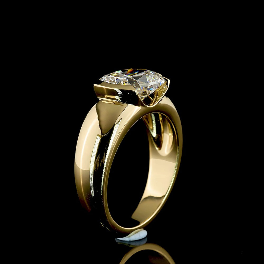 14K Yellow Gold East-West Half Bezel Solitaire Ring with 3.04 Carat Cushion Brilliant Lab Diamond - E-F Color VVS2 Clarity IGI Certified - Covaloro Fine Jewelry