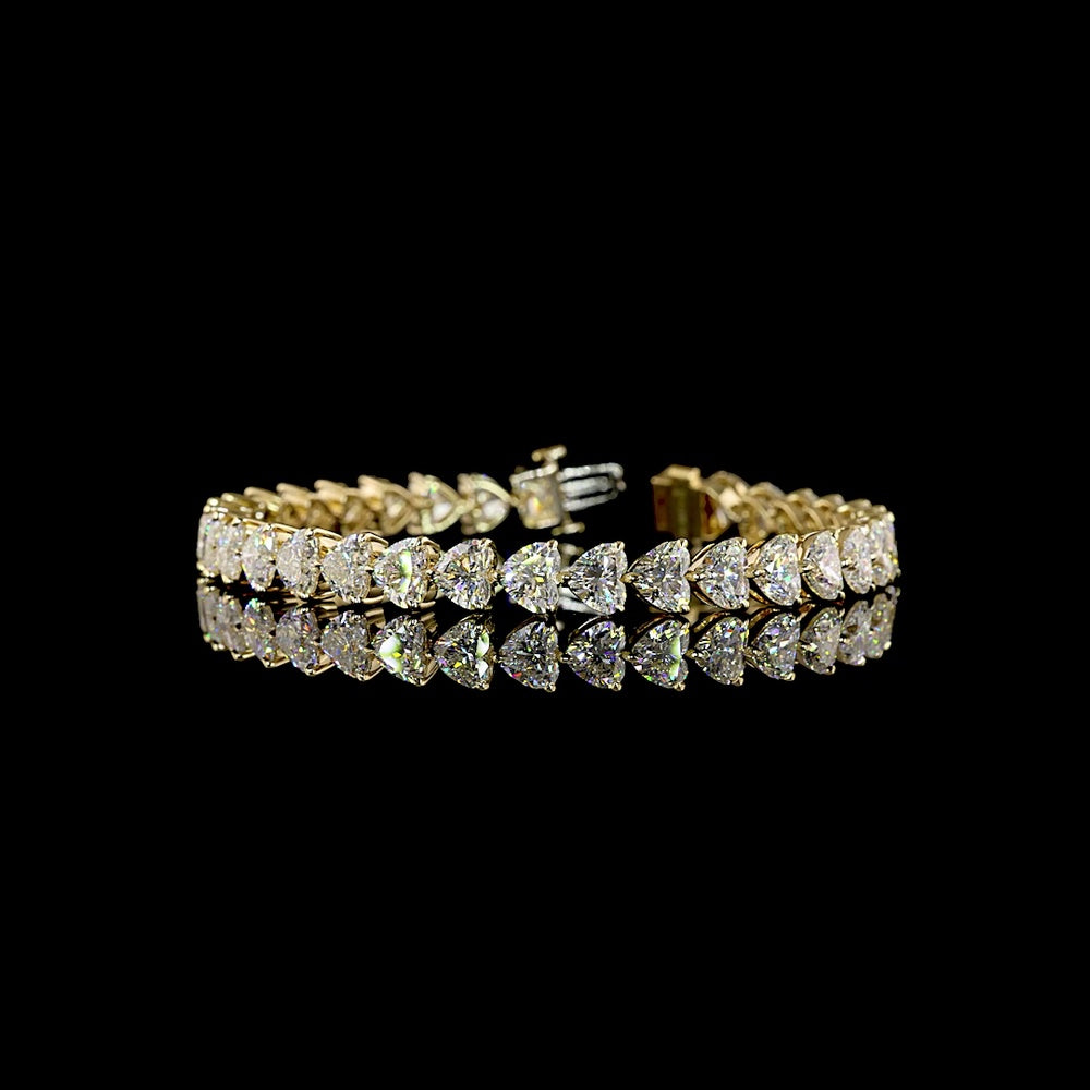 14K Yellow Gold East-West Heart Shaped Tennis Bracelet with 33 Lab Grown Diamonds - 21.03 Carat Total Weight, E-F Color VS1 Clarity - Covaloro Fine Jewelry