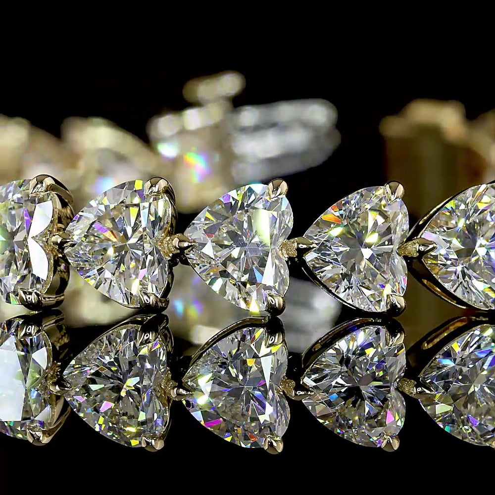 14K Yellow Gold East-West Heart Shaped Tennis Bracelet with 33 Lab Grown Diamonds - 21.03 Carat Total Weight, E-F Color VS1 Clarity - Covaloro Fine Jewelry