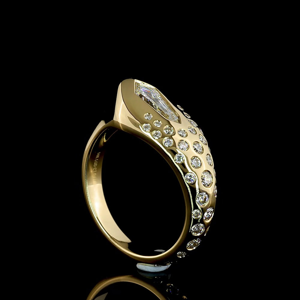 14K Yellow Gold East-West Kite Cut Lab Diamond Ring with Flush Set Brilliant Accents - 0.98 Carats Total Diamond Weight - Covaloro Fine Jewelry