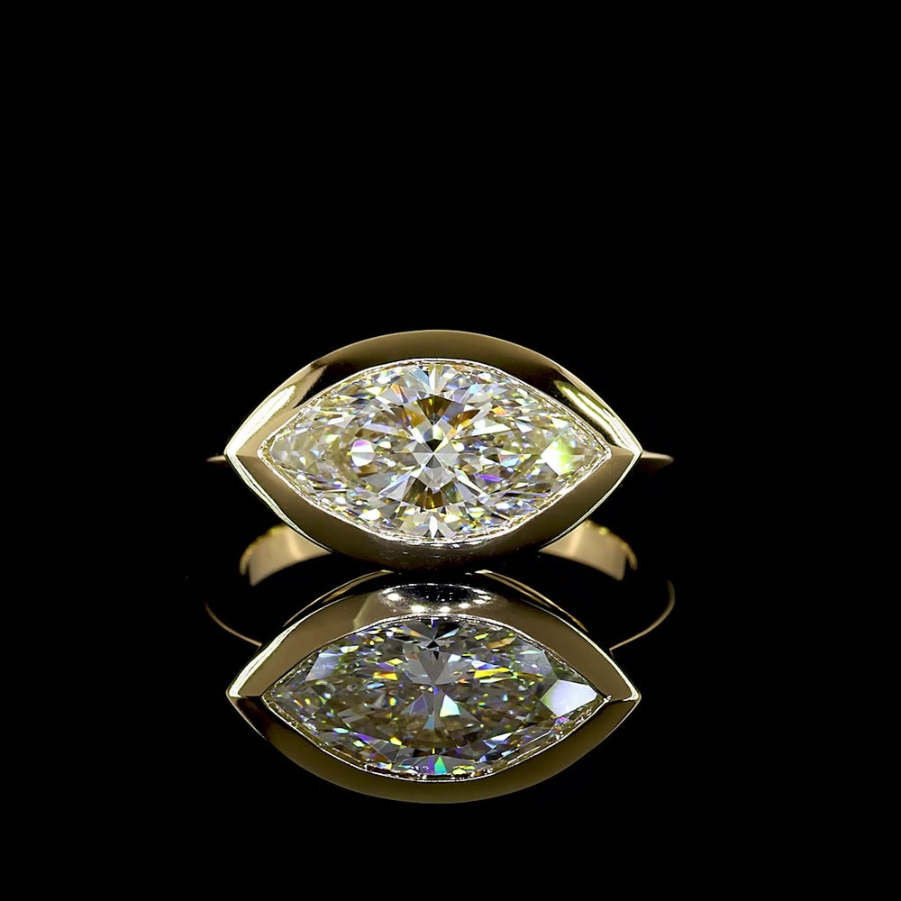 14K Yellow Gold East-West Marquise Cut Solitaire Ring with Bezel Set Lab Diamond - 3.07 Carat Total Weight, E-F VVS2 IGI Certified - Covaloro Fine Jewelry