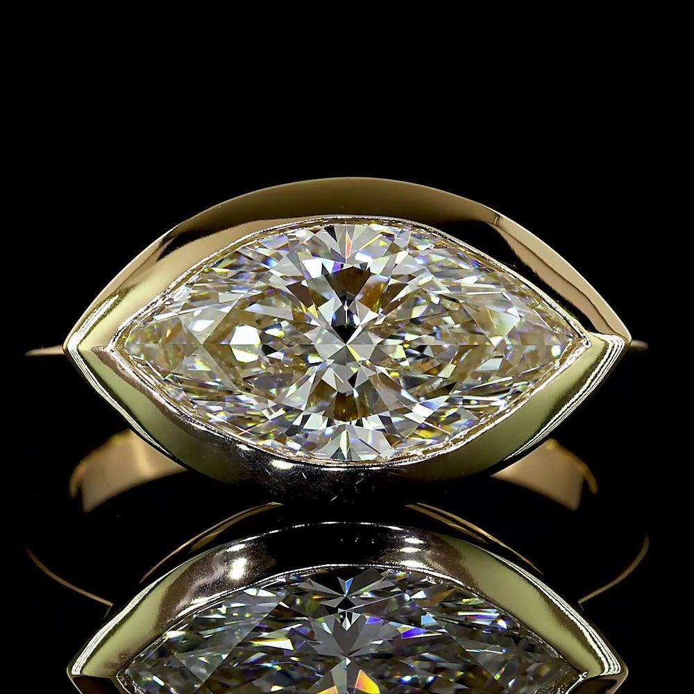 14K Yellow Gold East-West Marquise Cut Solitaire Ring with Bezel Set Lab Diamond - 3.07 Carat Total Weight, E-F VVS2 IGI Certified - Covaloro Fine Jewelry