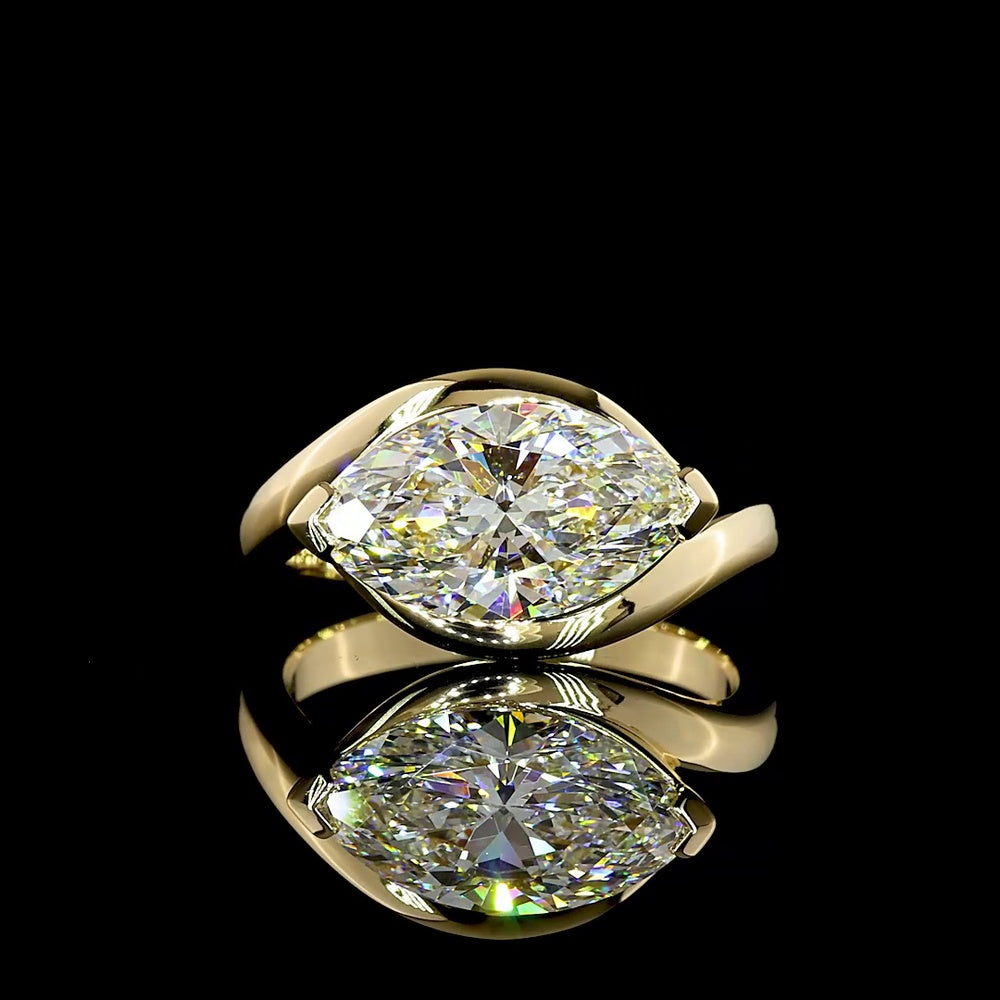 14K Yellow Gold East-West Marquise Cut Solitaire Ring with Half Bezel Set Lab Diamond - 3.03 Carat Total Diamond Weight - Covaloro Fine Jewelry