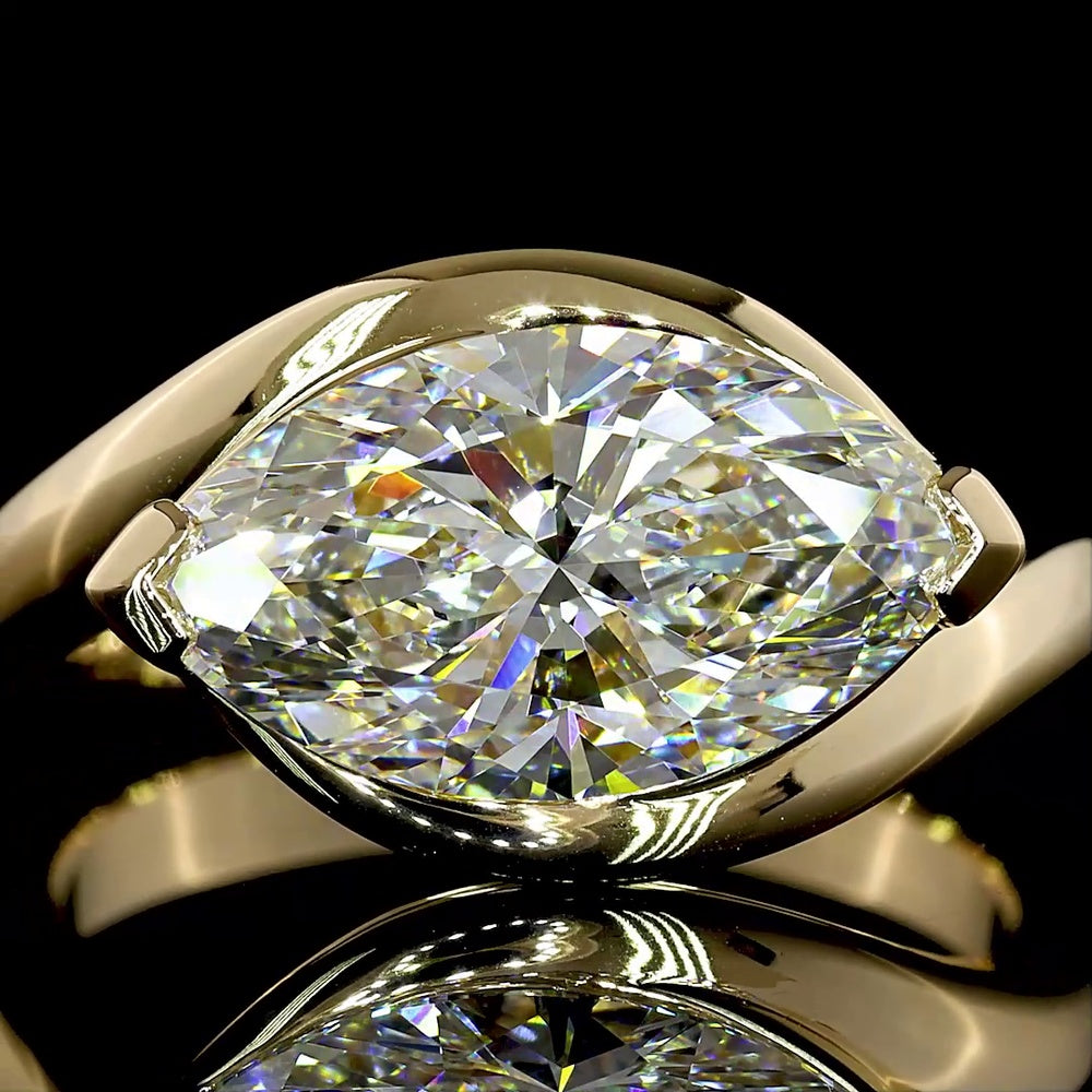 14K Yellow Gold East-West Marquise Cut Solitaire Ring with Half Bezel Set Lab Diamond - 3.03 Carat Total Diamond Weight - Covaloro Fine Jewelry