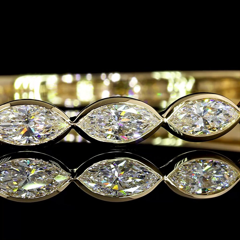 14K Yellow Gold East-West Marquise Diamond Bangle Bracelet with Bezel Setting - 4.29 Total Carat Weight (9 Lab Diamonds, E-F Color, VS Clarity) - Covaloro Fine Jewelry