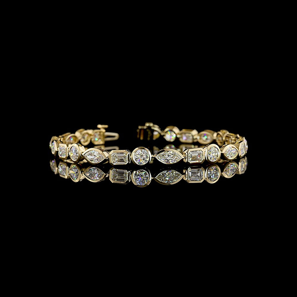 14K Yellow Gold East-West Mixed Shape Diamond Tennis Bracelet - Marquise, Emerald & Round Cuts, Bezel Set - 10.23 Carat Total Diamond Weight - Covaloro Fine Jewelry