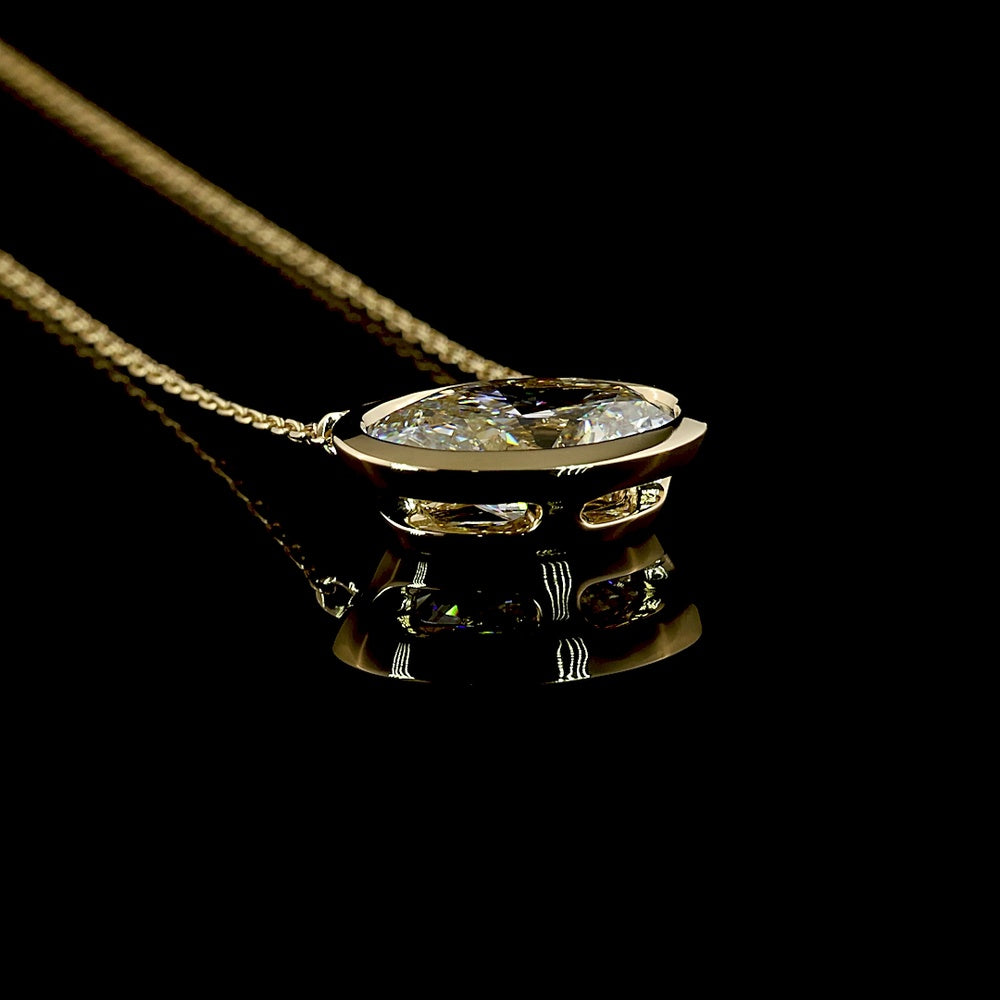 14K Yellow Gold East-West Oval Cut Bezel Set Solitaire Pendant - 2.36 Carat Lab Diamond, E-F Color, VVS2 Clarity, IGI Certified - Covaloro Fine Jewelry