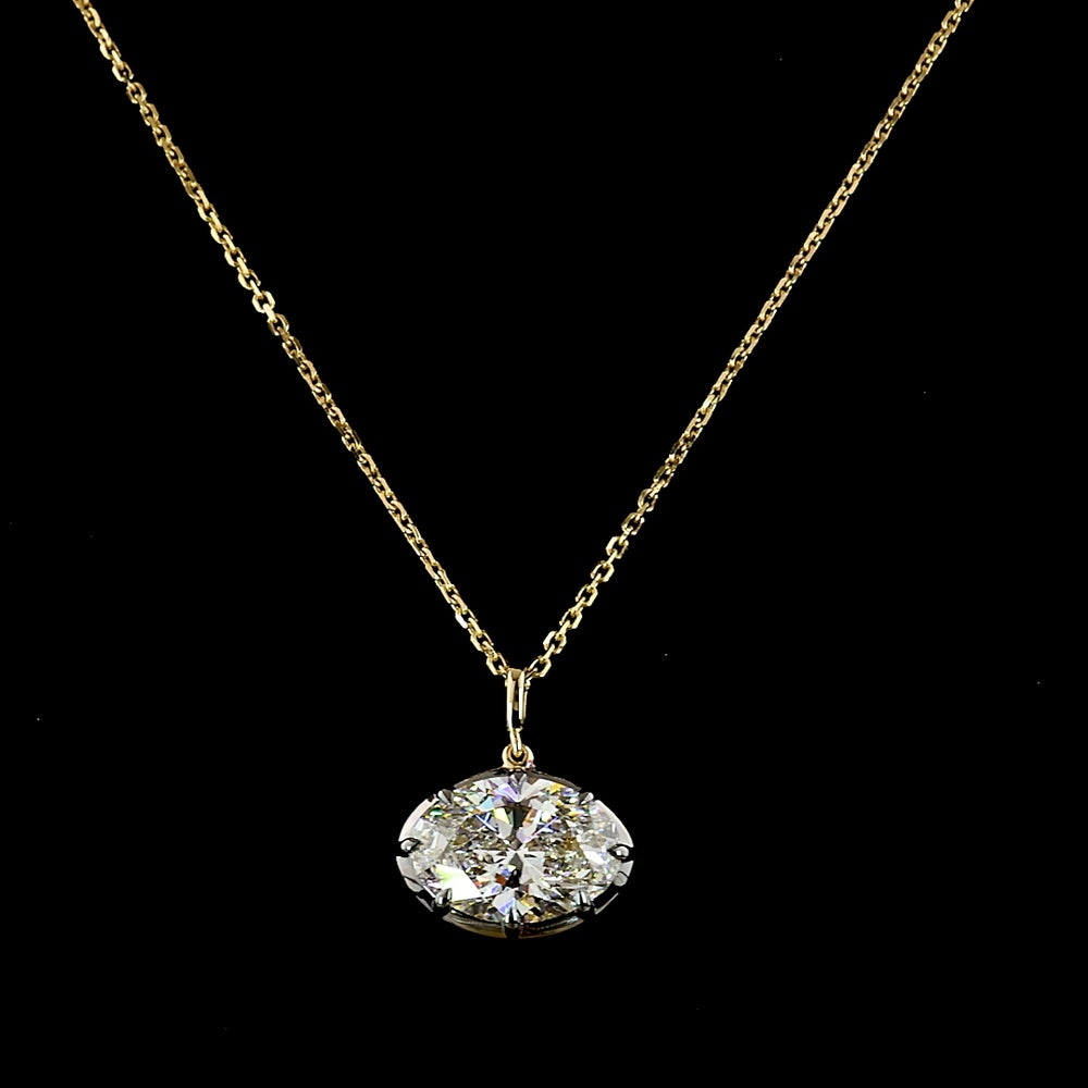 14K Yellow Gold East-West Oval Cut Lab Diamond Solitaire Pendant - 4.03 Carat, E-F Color VVS2 Clarity with Black Rhodium Accented Setting - Covaloro Fine Jewelry