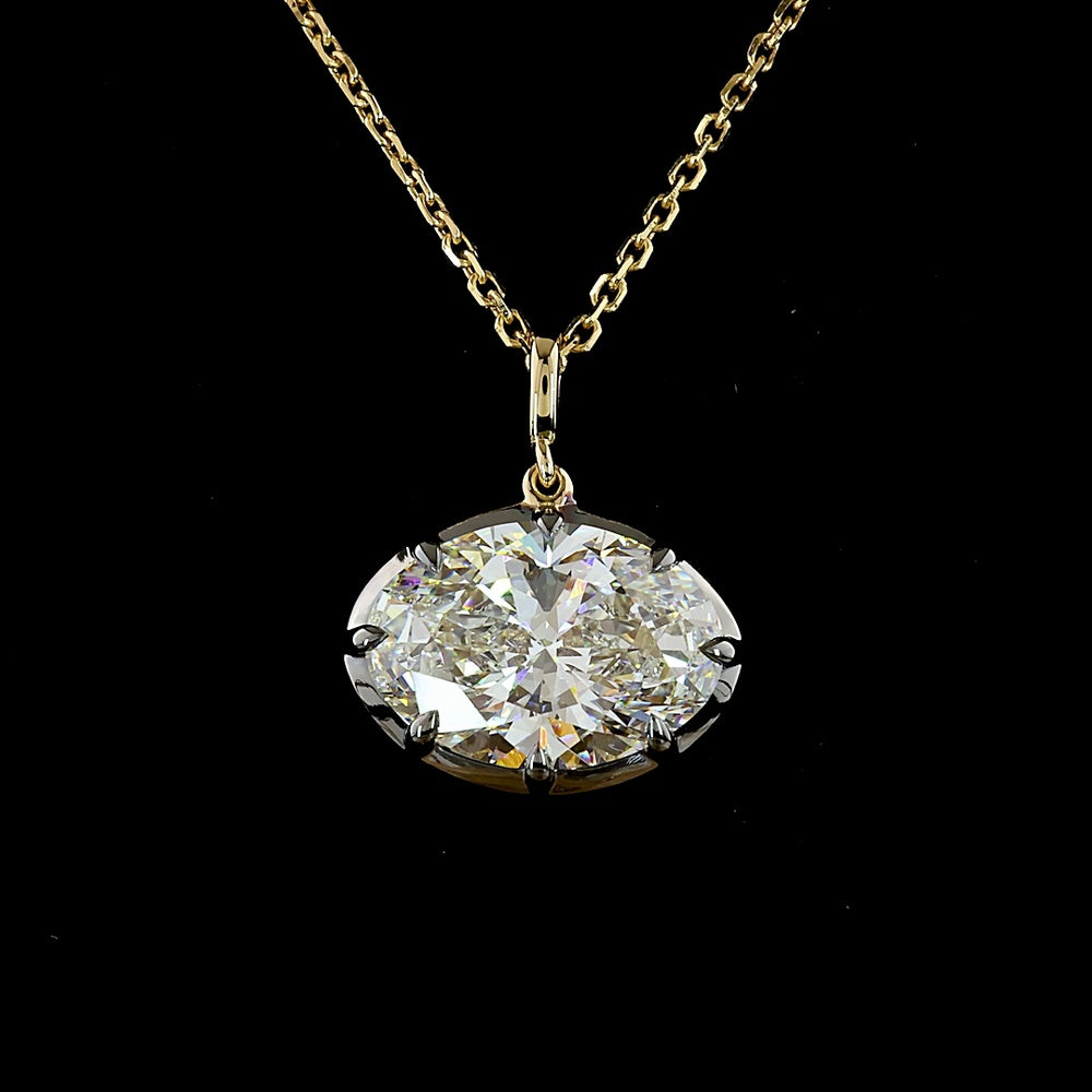 14K Yellow Gold East-West Oval Cut Lab Diamond Solitaire Pendant - 4.03 Carat, E-F Color VVS2 Clarity with Black Rhodium Accented Setting - Covaloro Fine Jewelry
