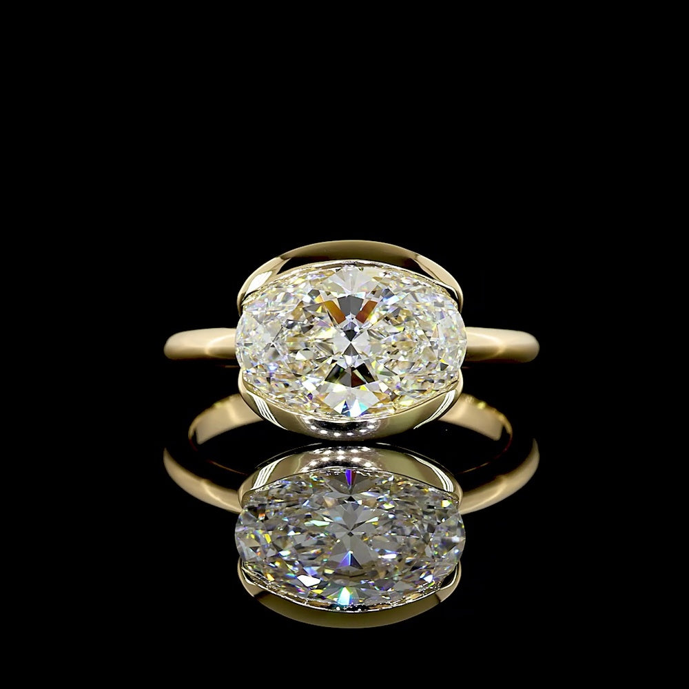 14K Yellow Gold East-West Oval Lab Diamond Solitaire Ring with Half-Bezel Setting - 2.57 Carat E VVS2 IGI Certified - Covaloro Fine Jewelry